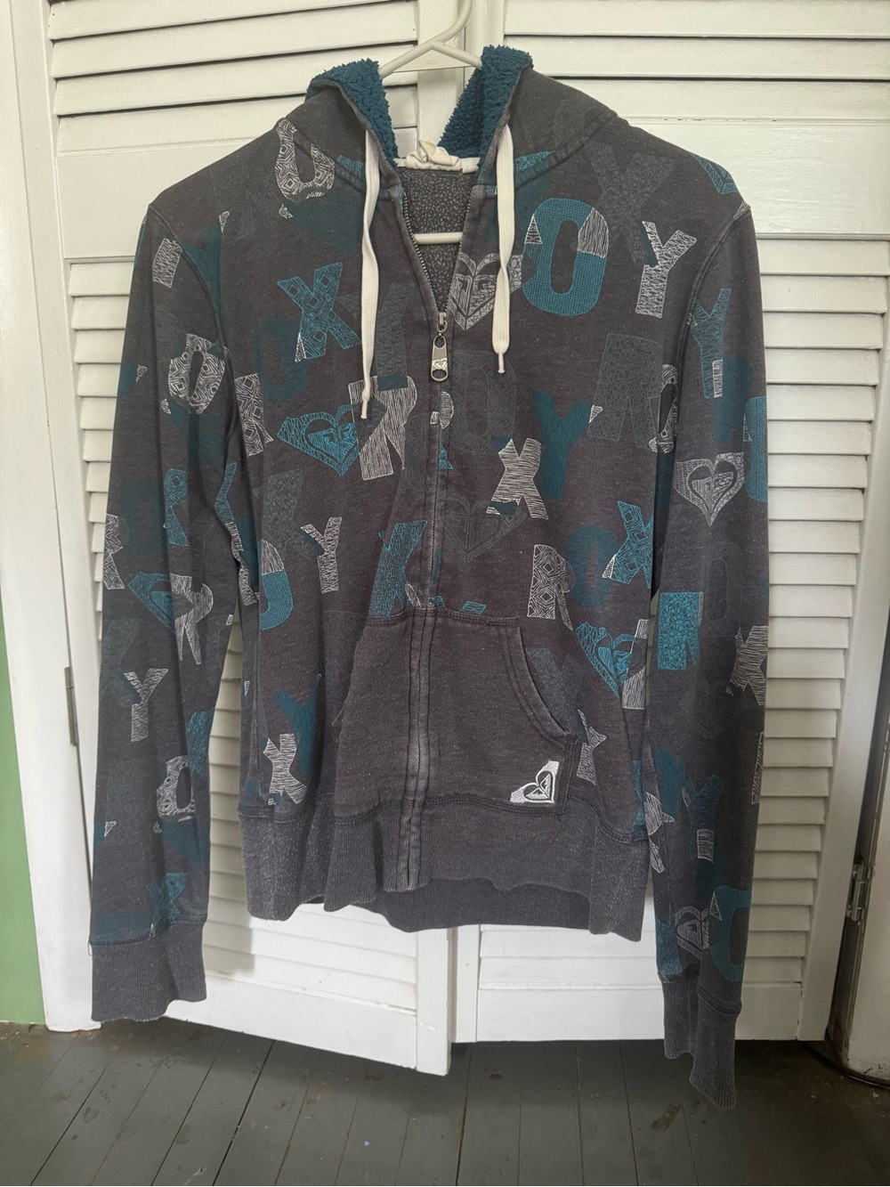 Roxy Gray and Teal Logo Zip-Up Hoodie